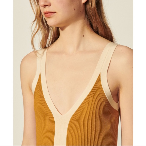 SANDRO Paris Nate Two-Toned Contrast-Trim Knitted Bodysuit In Ocre NWT - Picture 5 of 13